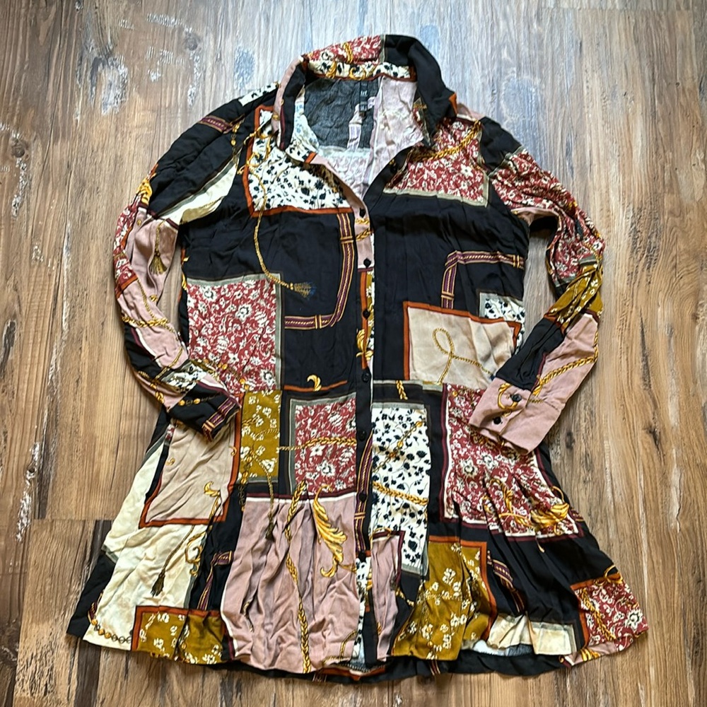 Zara Patchwork Chain Print Button Down Longsleeve… - image 2